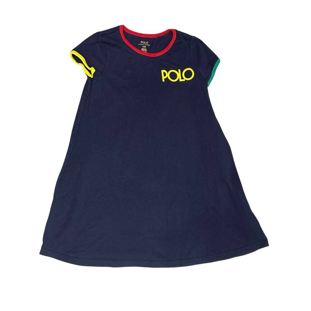 Polo Ralph Lauren Spellout Shirt Dress Graphic Colorblock Girls Size 6 Navy EUC